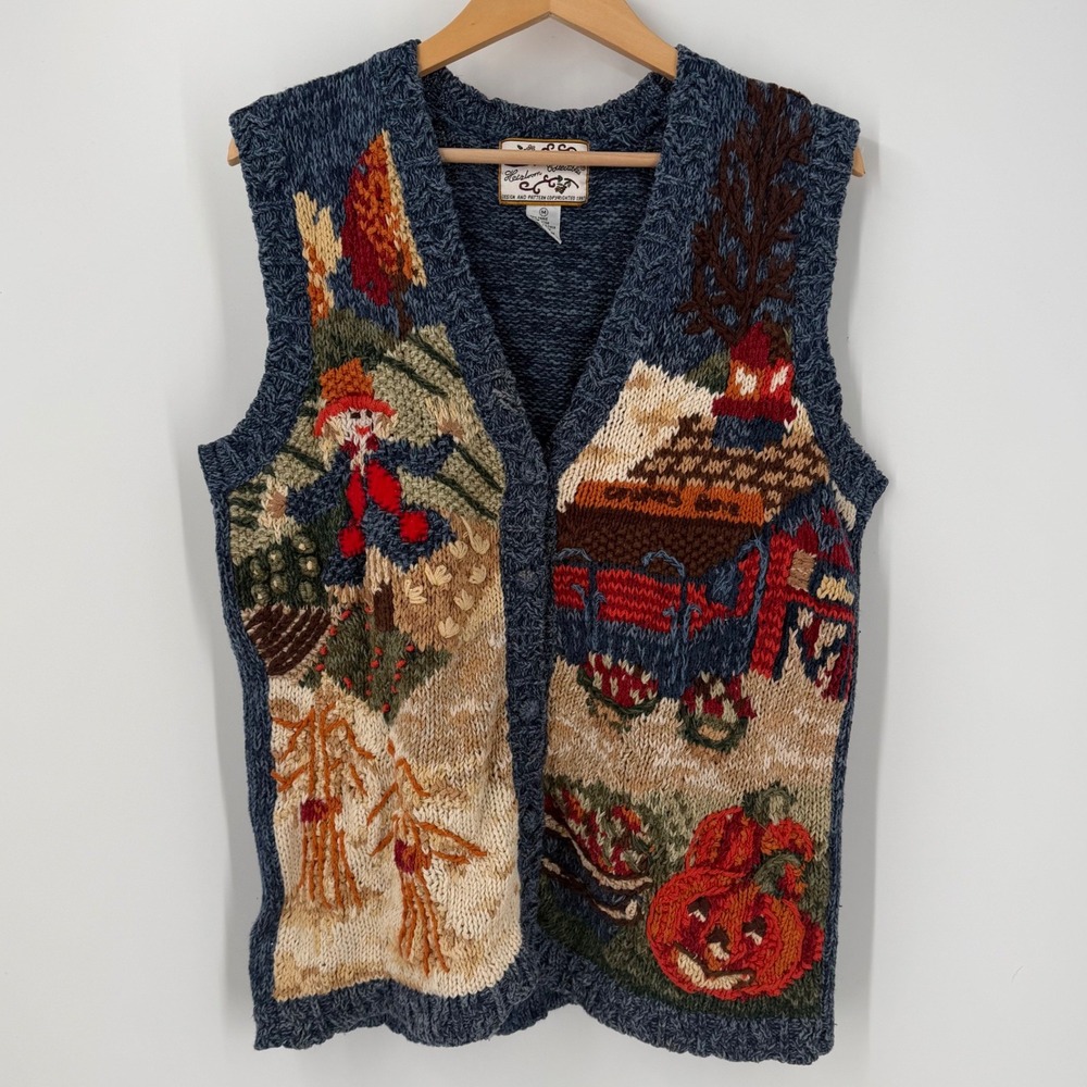 Heirloom Collectibles Vintage Fall Harvest Scarecrow Pumpkin Sweater Vest Medium